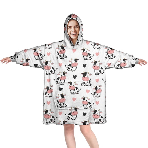 Wearable Oversized Blanket,White Cow Heart Pattern Wearable Blanket Hoodie for Adults,Cozy Hooded Blankets with Super Pockets,Super Warm Fuzzy Pullover for Women & Men