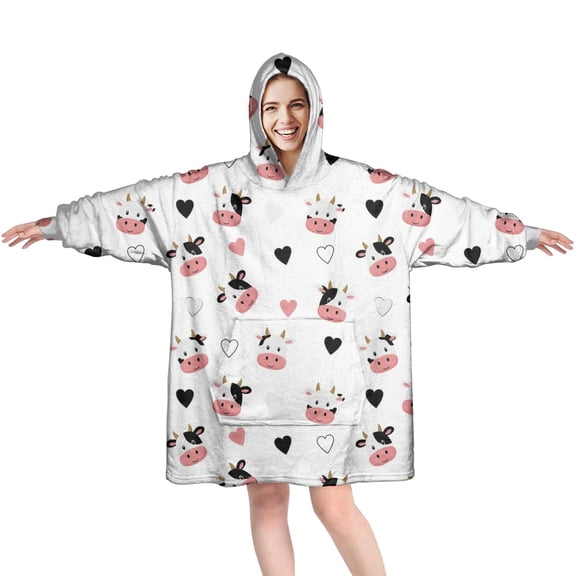 Wearable Oversized Blanket,White Cow Heart Pattern Wearable Blanket Hoodie for Adults,Cozy Hooded Blankets with Super Pockets,Super Warm Fuzzy Pullover for Women & Men