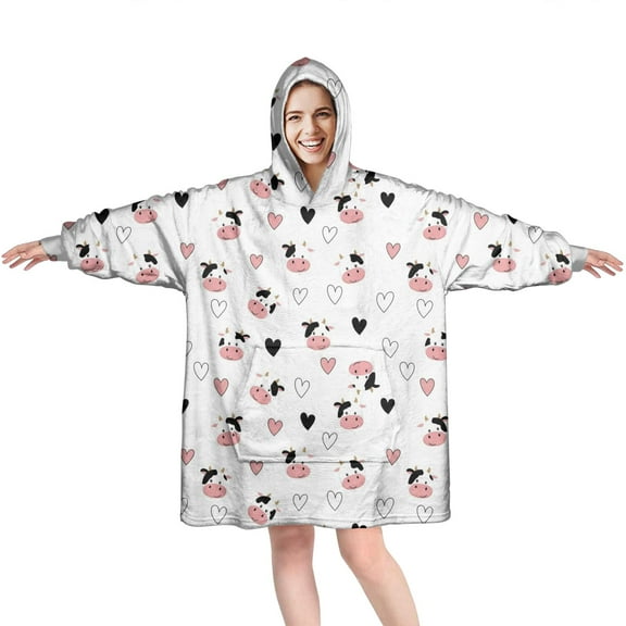 Wearable Oversized Blanket,White Cow Heart Pattern Wearable Blanket Hoodie for Adults,Cozy Hooded Blankets with Super Pockets,Super Warm Fuzzy Pullover for Women & Men