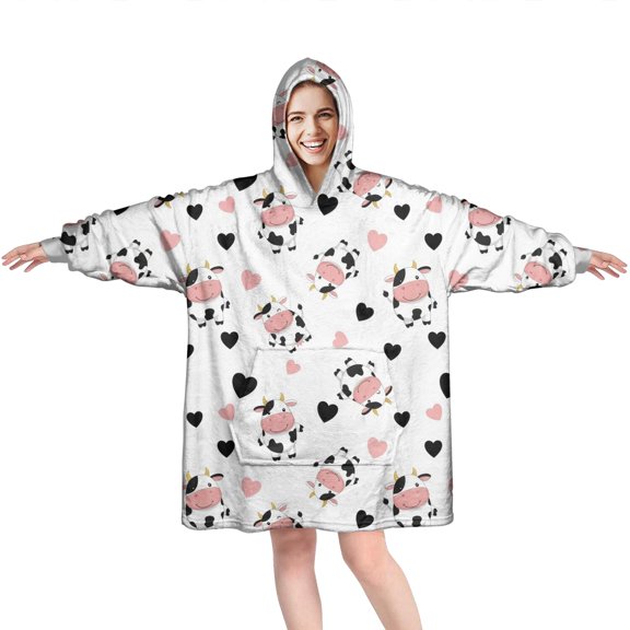 Wearable Oversized Blanket,White Cow Heart Pattern Wearable Blanket Hoodie for Adults,Cozy Hooded Blankets with Super Pockets,Super Warm Fuzzy Pullover for Women & Men