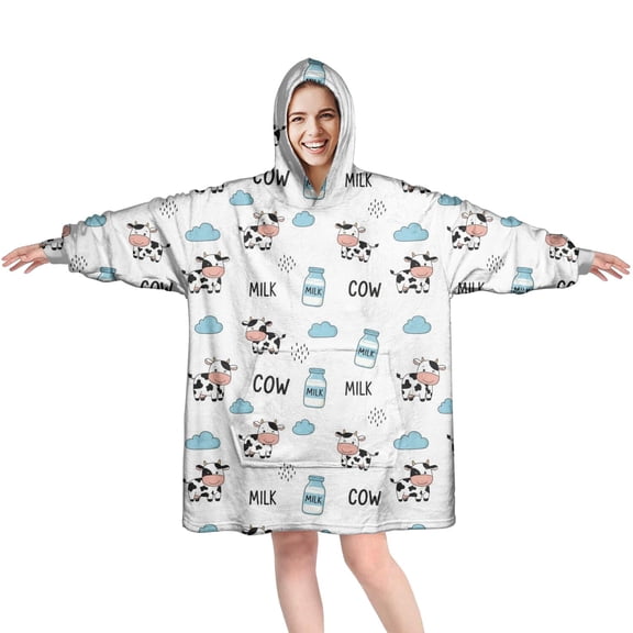 Wearable Oversized Blanket,White Cow Milk Cow Pattern Wearable Blanket Hoodie for Adults,Cozy Hooded Blankets with Super Pockets,Super Warm Fuzzy Pullover for Women & Men