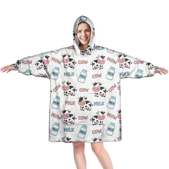 Wearable Oversized Blanket,White Cow Milk Pattern Wearable Blanket Hoodie for Adults,Cozy Hooded Blankets with Super Pockets,Super Warm Fuzzy Pullover for Women & Men