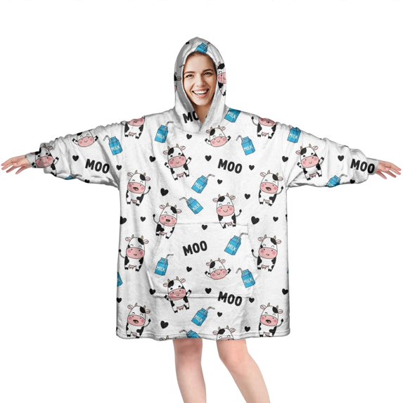 Wearable Oversized Blanket,White Cow Milk Pattern Wearable Blanket Hoodie for Adults,Cozy Hooded Blankets with Super Pockets,Super Warm Fuzzy Pullover for Women & Men