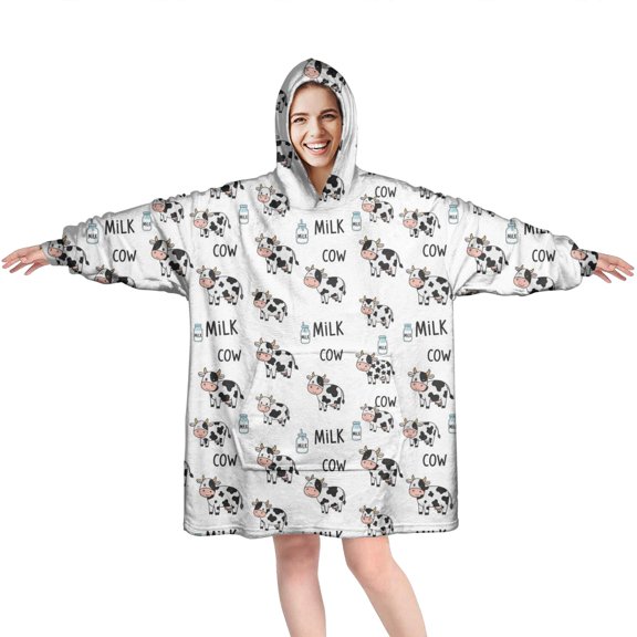 Wearable Oversized Blanket,White Cow Milk Pattern Wearable Blanket Hoodie for Adults,Cozy Hooded Blankets with Super Pockets,Super Warm Fuzzy Pullover for Women & Men