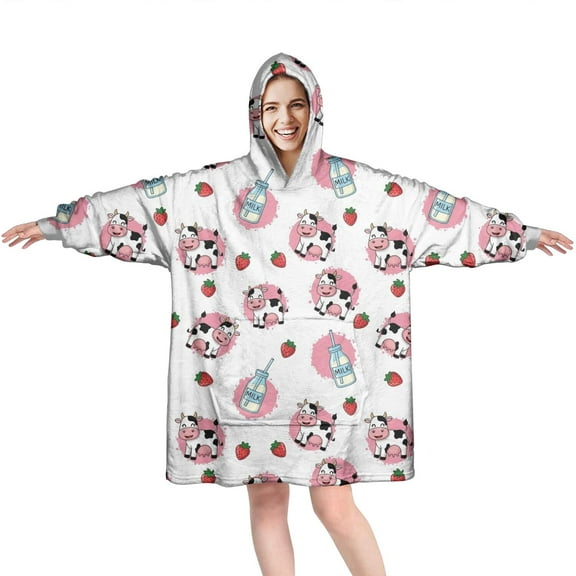Wearable Oversized Blanket,White Cow Milk Strawberry Pattern Wearable Blanket Hoodie for Adults,Cozy Hooded Blankets with Super Pockets,Super Warm Fuzzy Pullover for Women & Men