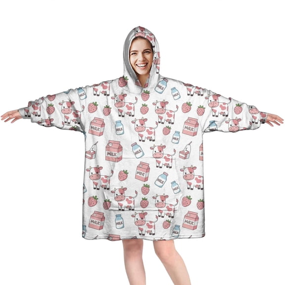Wearable Oversized Blanket,White Cow Milk Strawberry Pattern Wearable Blanket Hoodie for Adults,Cozy Hooded Blankets with Super Pockets,Super Warm Fuzzy Pullover for Women & Men