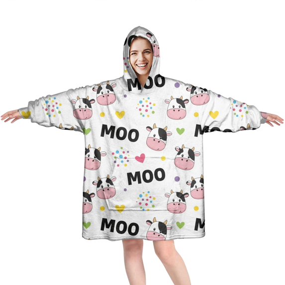 Wearable Oversized Blanket,White Cow Moo Colorful Pattern Wearable Blanket Hoodie for Adults,Cozy Hooded Blankets with Super Pockets,Super Warm Fuzzy Pullover for Women & Men