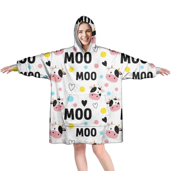 Wearable Oversized Blanket,White Cow Moo Dot Heart Pattern Wearable Blanket Hoodie for Adults,Cozy Hooded Blankets with Super Pockets,Super Warm Fuzzy Pullover for Women & Men