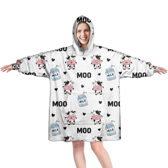 Wearable Oversized Blanket,White Cow Moo Milk Pattern Wearable Blanket Hoodie for Adults,Cozy Hooded Blankets with Super Pockets,Super Warm Fuzzy Pullover for Women & Men