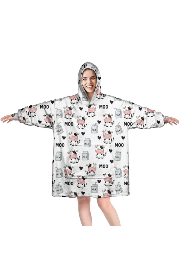 Wearable Oversized Blanket,White Cow Moo Milk Pattern Wearable Blanket Hoodie for Adults,Cozy Hooded Blankets with Super Pockets,Super Warm Fuzzy Pullover for Women & Men