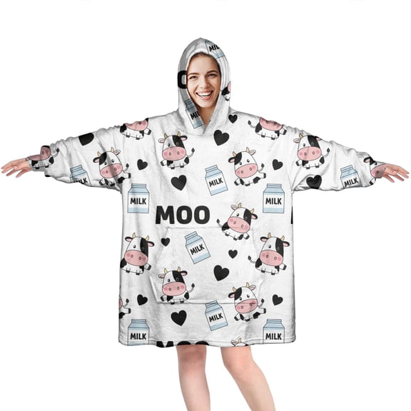 Wearable Oversized Blanket,White Cow Moo Milk Pattern Wearable Blanket Hoodie for Adults,Cozy Hooded Blankets with Super Pockets,Super Warm Fuzzy Pullover for Women & Men