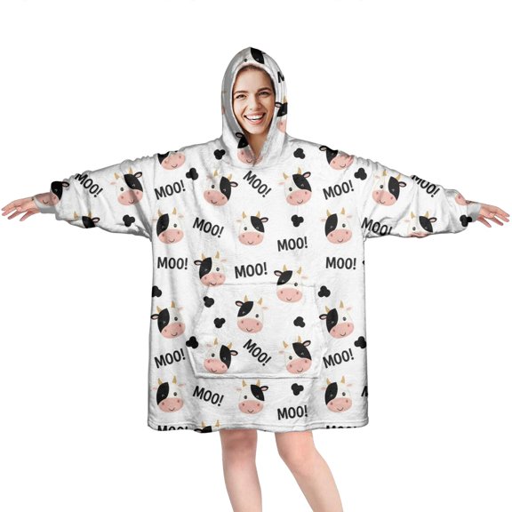 Wearable Oversized Blanket,White Cow Moo Pattern Wearable Blanket Hoodie for Adults,Cozy Hooded Blankets with Super Pockets,Super Warm Fuzzy Pullover for Women & Men