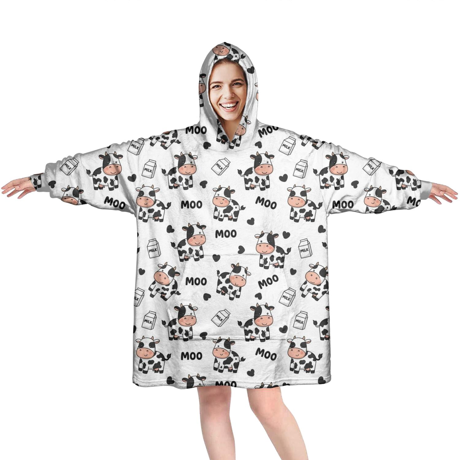Wearable Oversized Blanket,White Cow Moo Pattern Wearable Blanket Hoodie for Adults,Cozy Hooded Blankets with Super Pockets,Super Warm Fuzzy Pullover for Women & Men