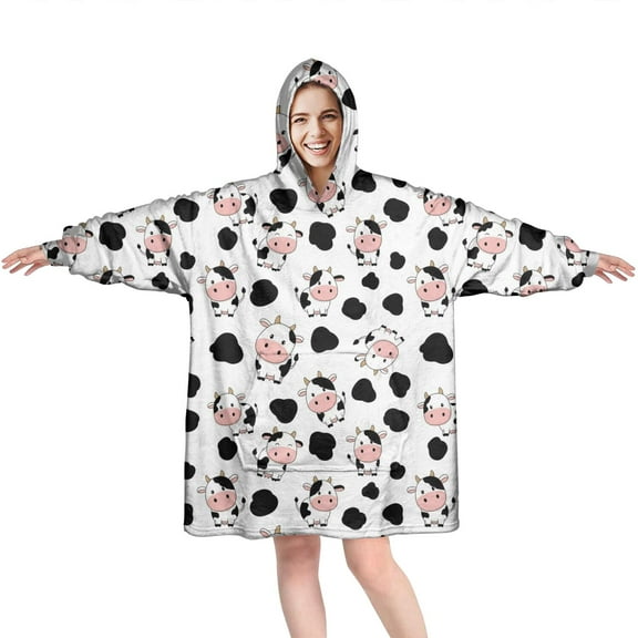 Wearable Oversized Blanket,White Cow Spot Pattern Wearable Blanket Hoodie for Adults,Cozy Hooded Blankets with Super Pockets,Super Warm Fuzzy Pullover for Women & Men