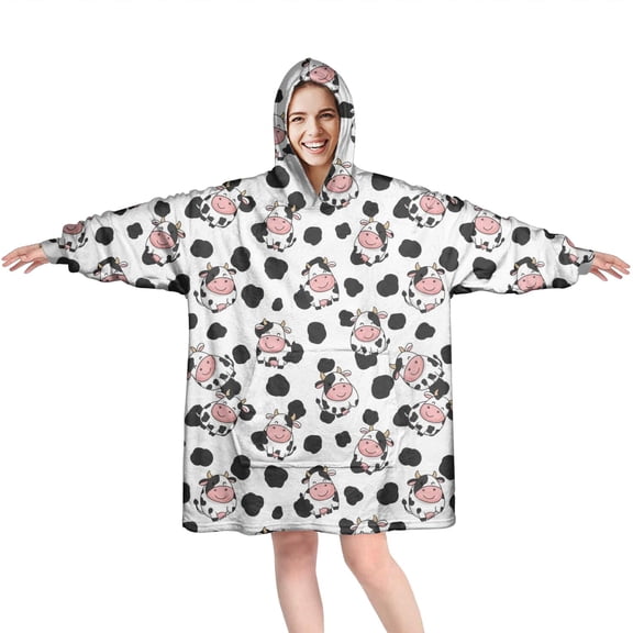 Wearable Oversized Blanket,White Cow Spot Pattern Wearable Blanket Hoodie for Adults,Cozy Hooded Blankets with Super Pockets,Super Warm Fuzzy Pullover for Women & Men