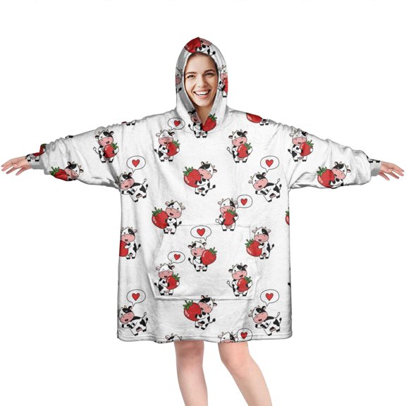 Wearable Oversized Blanket,White Cow Strawberry Love Pattern Wearable Blanket Hoodie for Adults,Cozy Hooded Blankets with Super Pockets,Super Warm Fuzzy Pullover for Women & Men