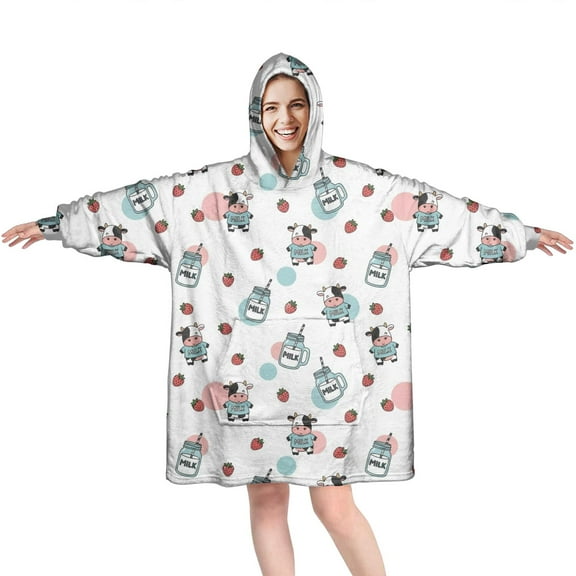 Wearable Oversized Blanket,White Cow Strawberry Milk Jar Pattern Wearable Blanket Hoodie for Adults,Cozy Hooded Blankets with Super Pockets,Super Warm Fuzzy Pullover for Women & Men