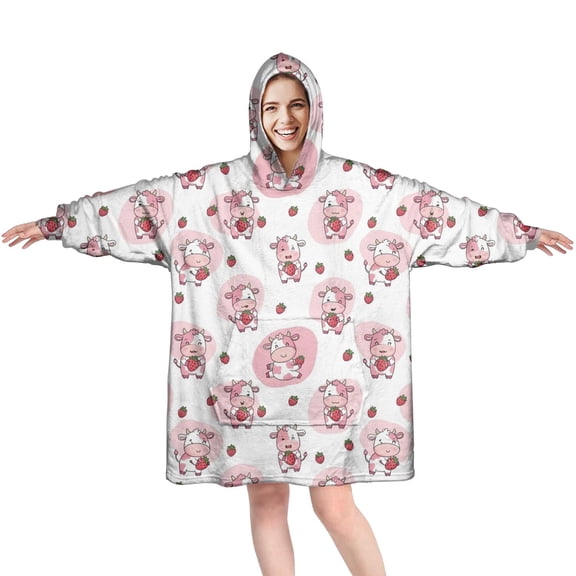 Wearable Oversized Blanket,White Cow Strawberry Pattern Wearable Blanket Hoodie for Adults,Cozy Hooded Blankets with Super Pockets,Super Warm Fuzzy Pullover for Women & Men