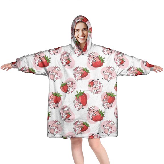 Wearable Oversized Blanket,White Cow Strawberry Pattern Wearable Blanket Hoodie for Adults,Cozy Hooded Blankets with Super Pockets,Super Warm Fuzzy Pullover for Women & Men