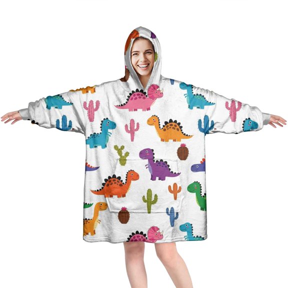 Wearable Oversized Blanket,White Dinosaurs Cacti Pattern Wearable Blanket Hoodie for Adults,Cozy Hooded Blankets with Super Pockets,Super Warm Fuzzy Pullover for Women & Men