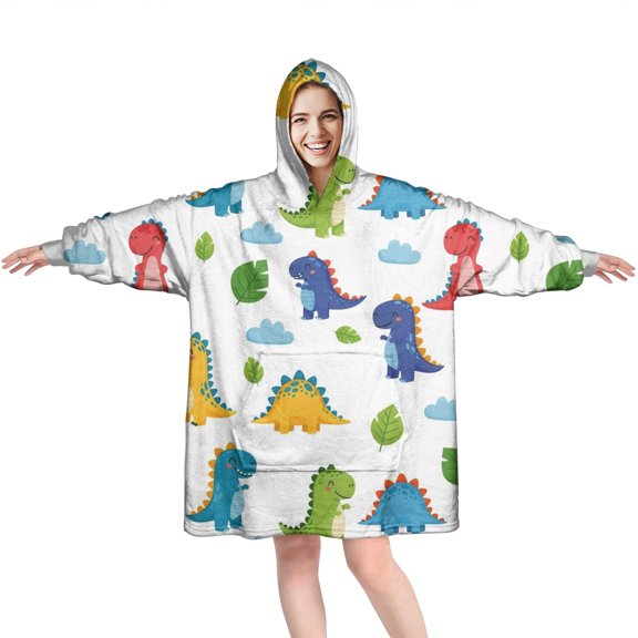 Wearable Oversized Blanket,White Dinosaurs Clouds Leaves Pattern Wearable Blanket Hoodie for Adults,Cozy Hooded Blankets with Super Pockets,Super Warm Fuzzy Pullover for Women & Men
