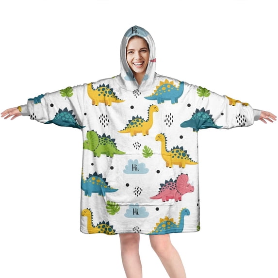 Wearable Oversized Blanket,White Dinosaurs Clouds Leaves Pattern Wearable Blanket Hoodie for Adults,Cozy Hooded Blankets with Super Pockets,Super Warm Fuzzy Pullover for Women & Men