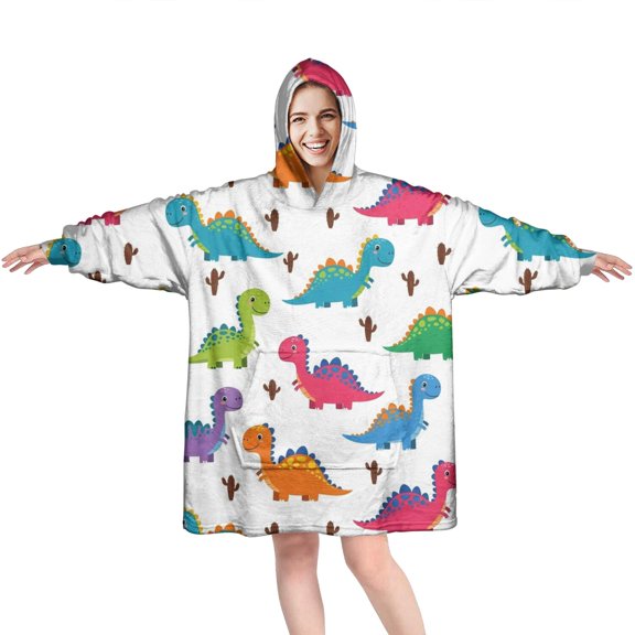 Wearable Oversized Blanket,White Dinosaurs Colorful Cacti Pattern Wearable Blanket Hoodie for Adults,Cozy Hooded Blankets with Super Pockets,Super Warm Fuzzy Pullover for Women & Men