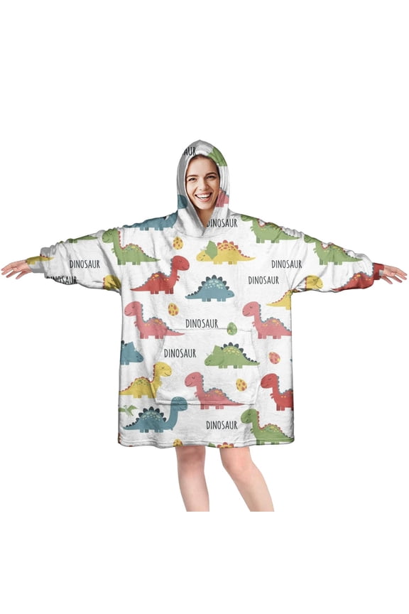 Wearable Oversized Blanket,White Dinosaurs Eggs Names Pattern Wearable Blanket Hoodie for Adults,Cozy Hooded Blankets with Super Pockets,Super Warm Fuzzy Pullover for Women & Men