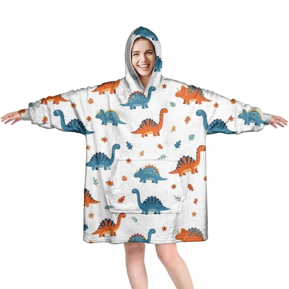 Wearable Oversized Blanket,White Dinosaurs Flowers Leaves Pattern Wearable Blanket Hoodie for Adults,Cozy Hooded Blankets with Super Pockets,Super Warm Fuzzy Pullover for Women & Men