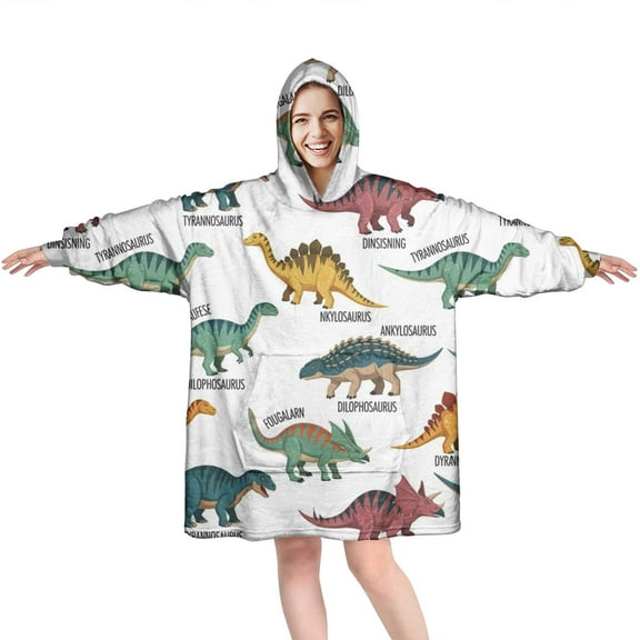 Wearable Oversized Blanket,White Dinosaurs with Labels Playfully Wearable Blanket Hoodie for Adults,Cozy Hooded Blankets with Super Pockets,Super Warm Fuzzy Pullover for Women & Men