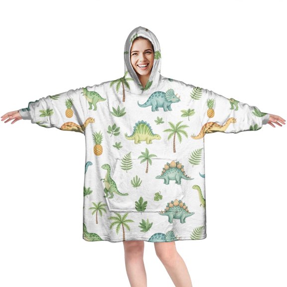 Wearable Oversized Blanket,White Dinosaurs Palms Pineapples Pattern Wearable Blanket Hoodie for Adults,Cozy Hooded Blankets with Super Pockets,Super Warm Fuzzy Pullover for Women & Men