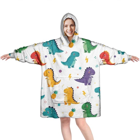 Wearable Oversized Blanket,White Dinosaurs Pineapples Bolts Pattern Wearable Blanket Hoodie for Adults,Cozy Hooded Blankets with Super Pockets,Super Warm Fuzzy Pullover for Women & Men