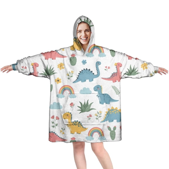 Wearable Oversized Blanket,White Dinosaurs Rainbows Plants Pattern Wearable Blanket Hoodie for Adults,Cozy Hooded Blankets with Super Pockets,Super Warm Fuzzy Pullover for Women & Men