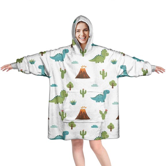 Wearable Oversized Blanket,White Dinosaurs Volcanoes Cacti Pattern Wearable Blanket Hoodie for Adults,Cozy Hooded Blankets with Super Pockets,Super Warm Fuzzy Pullover for Women & Men