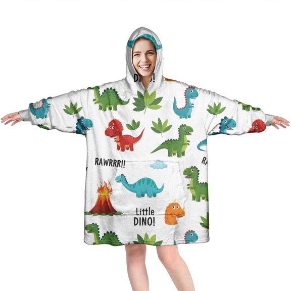 Wearable Oversized Blanket,White Dinosaurs Volcanoes Leaves Pattern Wearable Blanket Hoodie for Adults,Cozy Hooded Blankets with Super Pockets,Super Warm Fuzzy Pullover for Women & Men