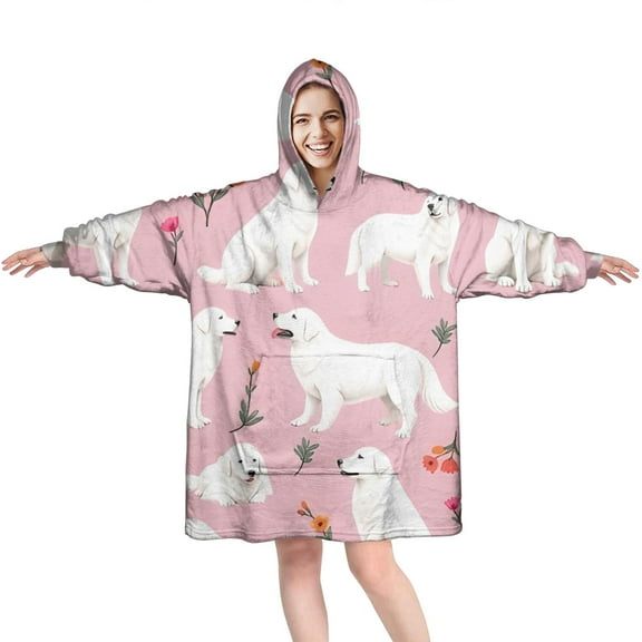 Wearable Oversized Blanket,White Dogs and Pioneer Flower Wearable Blanket Hoodie for Adults,Cozy Hooded Blankets with Super Pockets,Super Warm Fuzzy Pullover for Women & Men