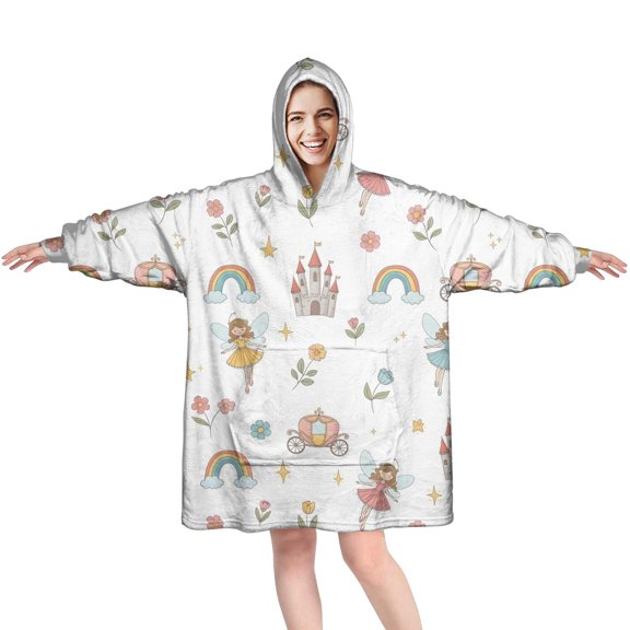 Wearable Oversized Blanket,White Fairy Castle Pattern Wearable Blanket Hoodie for Adults,Cozy Hooded Blankets with Super Pockets,Super Warm Fuzzy Pullover for Women & Men