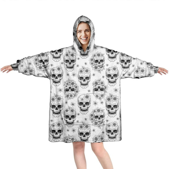 Wearable Oversized Blanket,White Floral Skull Pattern Wearable Blanket Hoodie for Adults,Cozy Hooded Blankets with Super Pockets,Super Warm Fuzzy Pullover for Women & Men