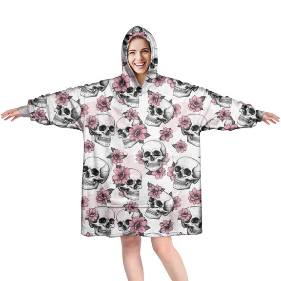 Wearable Oversized Blanket,White Floral Skull Pattern Wearable Blanket Hoodie for Adults,Cozy Hooded Blankets with Super Pockets,Super Warm Fuzzy Pullover for Women & Men