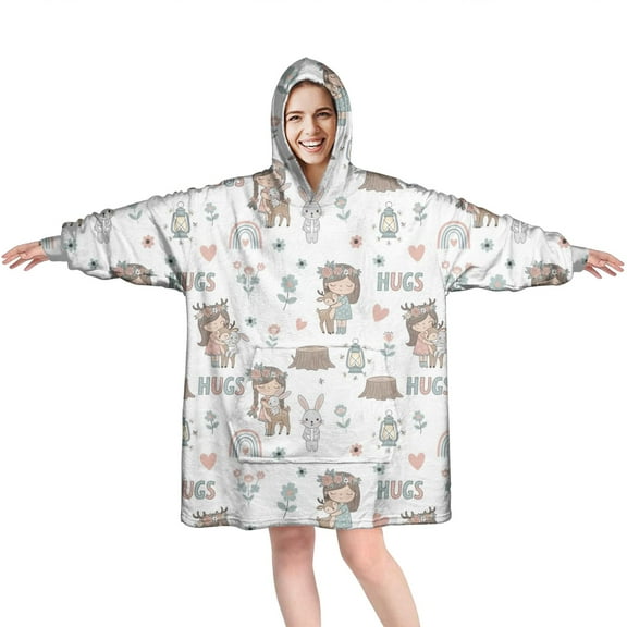 Wearable Oversized Blanket,White Forest Girl Pattern Wearable Blanket Hoodie for Adults,Cozy Hooded Blankets with Super Pockets,Super Warm Fuzzy Pullover for Women & Men