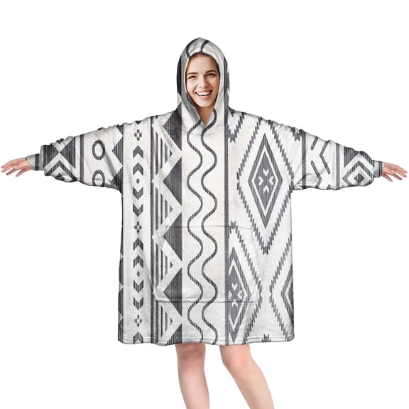 Wearable Oversized Blanket,White Geometric Diamond Wave Pattern Wearable Blanket Hoodie for Adults,Cozy Hooded Blankets with Super Pockets,Super Warm Fuzzy Pullover for Women & Men