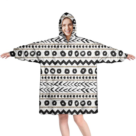 Wearable Oversized Blanket,White Geometric Zigzag Circle Pattern Wearable Blanket Hoodie for Adults,Cozy Hooded Blankets with Super Pockets,Super Warm Fuzzy Pullover for Women & Men