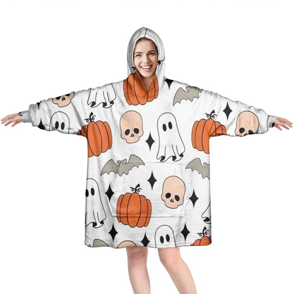 Wearable Oversized Blanket,White Halloween Ghosts Skulls and Bats Wearable Blanket Hoodie for Adults,Cozy Hooded Blankets with Super Pockets,Super Warm Fuzzy Pullover for Women & Men