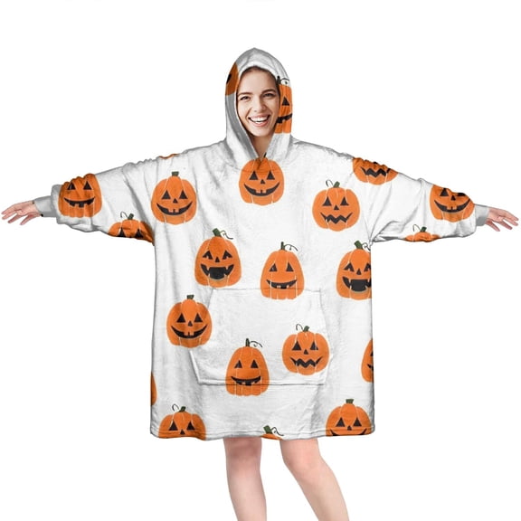 Wearable Oversized Blanket,White Halloween Pumpkins Wearable Blanket Hoodie for Adults,Cozy Hooded Blankets with Super Pockets,Super Warm Fuzzy Pullover for Women & Men