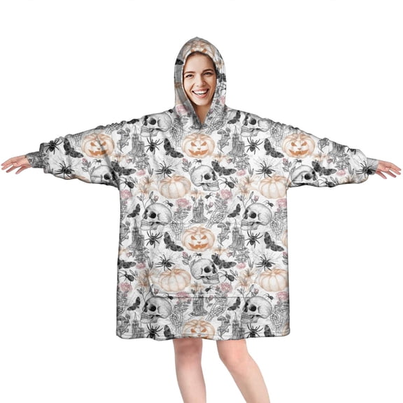 Wearable Oversized Blanket,White Halloween Skull Pumpkin Pattern Wearable Blanket Hoodie for Adults,Cozy Hooded Blankets with Super Pockets,Super Warm Fuzzy Pullover for Women & Men