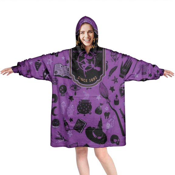 Wearable Oversized Blanket,Witch's Brew Halloween Pattern Wearable Blanket Hoodie for Adults,Cozy Hooded Blankets with Super Pockets,Super Warm Fuzzy Pullover for Women & Men