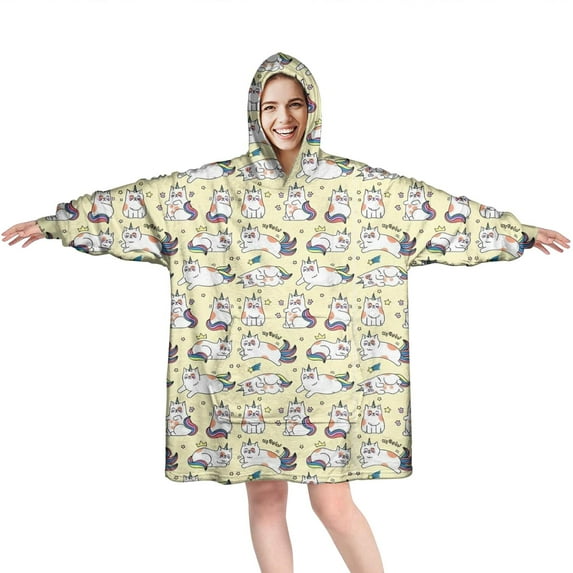 Wearable Oversized Blanket,Yellow Cartoon Cat Unicorn Pattern Wearable Blanket Hoodie for Adults,Cozy Hooded Blankets with Super Pockets,Super Warm Fuzzy Pullover for Women & Men