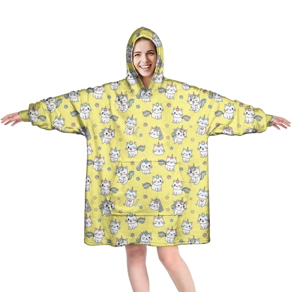 Wearable Oversized Blanket,Yellow Cartoon Cat Unicorn Pattern Wearable Blanket Hoodie for Adults,Cozy Hooded Blankets with Super Pockets,Super Warm Fuzzy Pullover for Women & Men