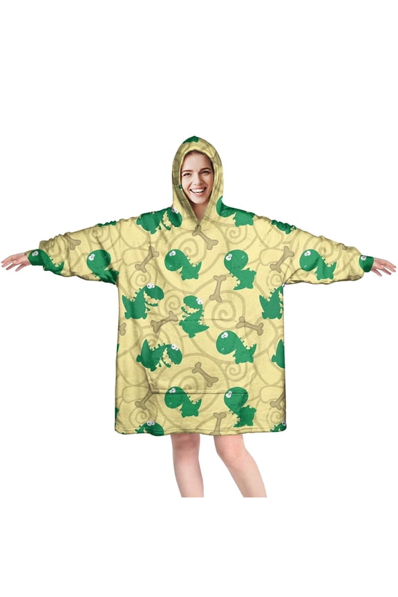 Wearable Oversized Blanket,Yellow Cartoon Dinosaurs Bones Pattern Wearable Blanket Hoodie for Adults,Cozy Hooded Blankets with Super Pockets,Super Warm Fuzzy Pullover for Women & Men
