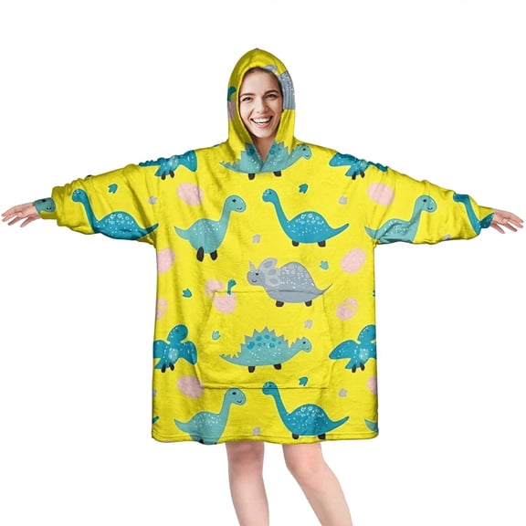 Wearable Oversized Blanket,Yellow Cartoon Dinosaurs Eggs Pattern Wearable Blanket Hoodie for Adults,Cozy Hooded Blankets with Super Pockets,Super Warm Fuzzy Pullover for Women & Men